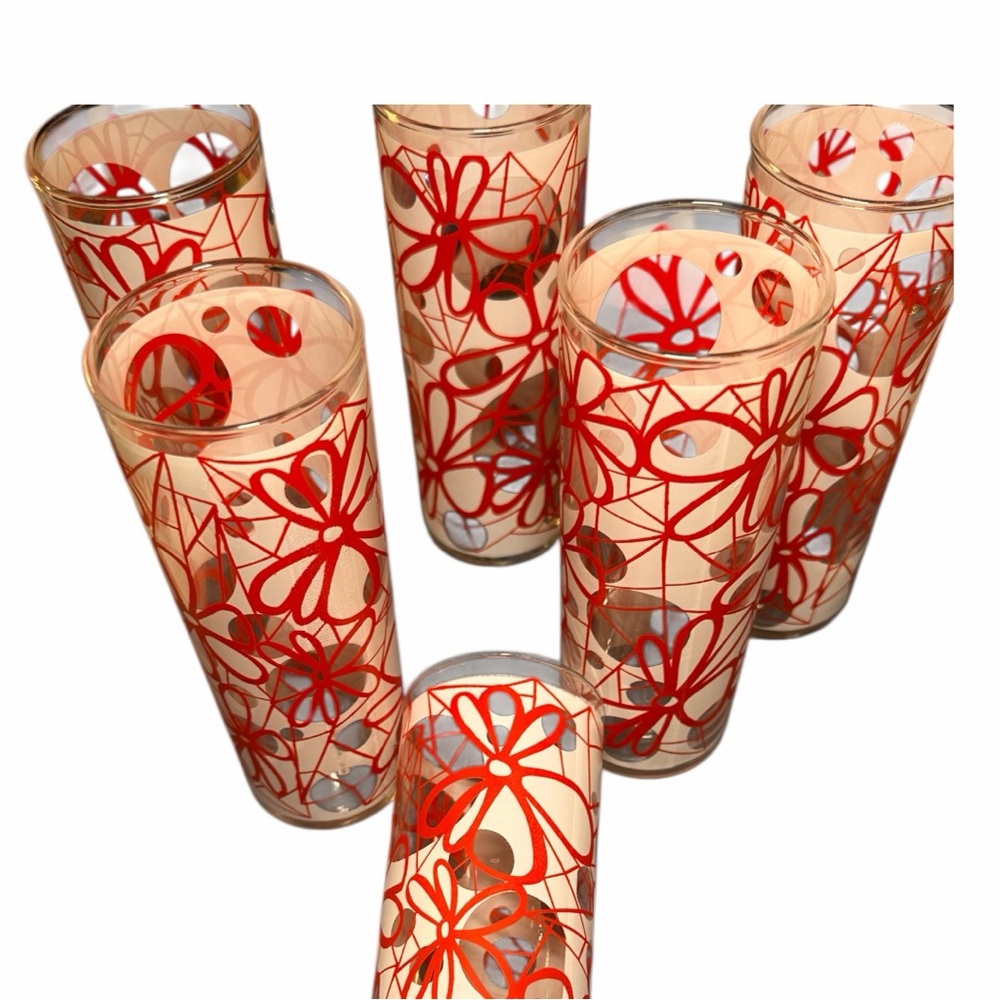 Set of 6 Vintage Dominion 10 ounce Floral Red and White High Ball Glasses (EUC) - Picture 5 of 10